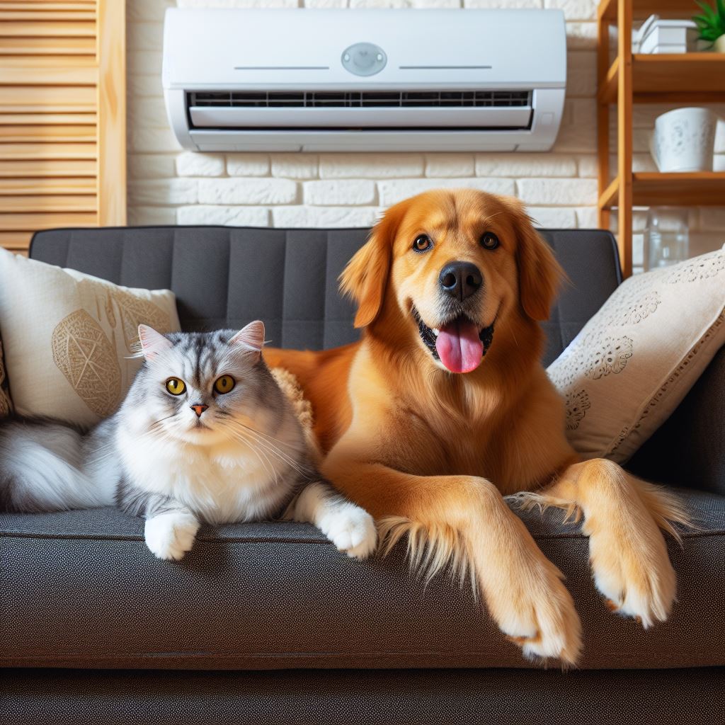 un cane e un gatto si godono l'aria condizionata del climatizzatore mitsubishi